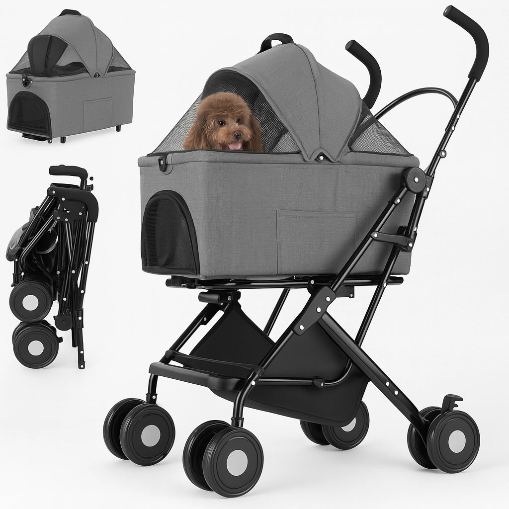 Passeggino Cani e Gatti 2in1 Trasportino Rimovibile e Struttura Pieghevole Robusta Grigio