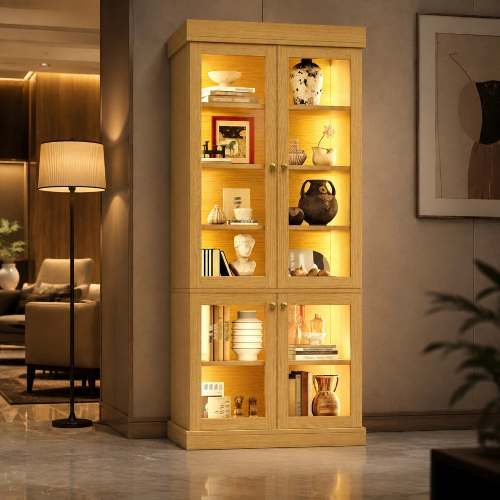 ARMADIO ALTO 80x40x180 cm Natural Wood in MDF, vetro e metallo con LED