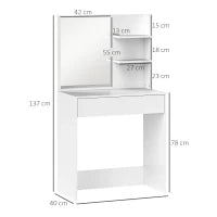 Tavolo da Trucco con Specchio, 3 Ripiani ad Angolo e Cassetto, in Legno e Vetro, 75x40x137 cm, Bianco