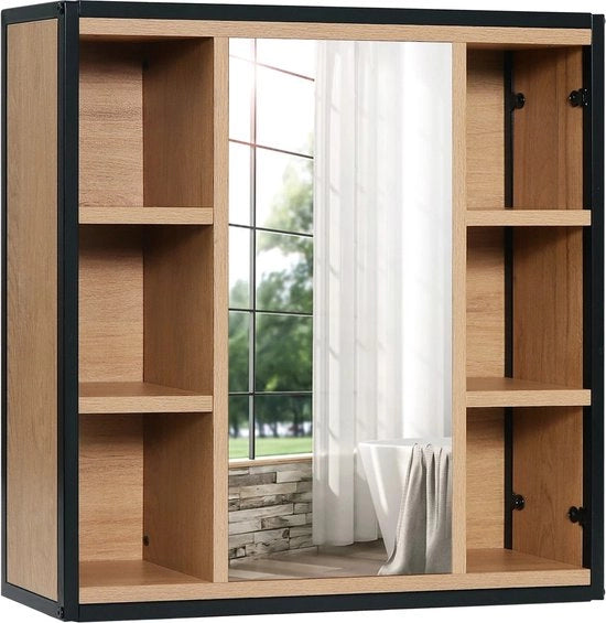 Specchio bagno con ripostiglio in legno marrone - Specchio aperto - Spazio dietro lo specchio - Armadio specchio - Mobili bagno - Cassetto per igienica - Cassetto per farmaci