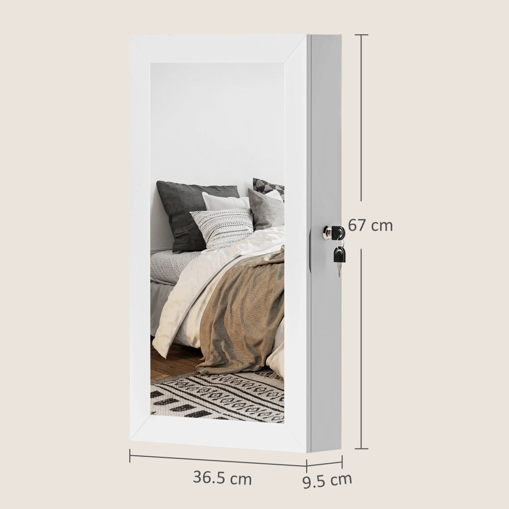 Mobiletto Portagioie a Specchio con Design a Muro e 2 Chiavi di Sicurezza, in Legno, 36.5x9.5x67 cm, Bianco