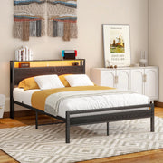 LETTO 120x200 cm in metallo e MDF nero con USB, presa e testiera con vani