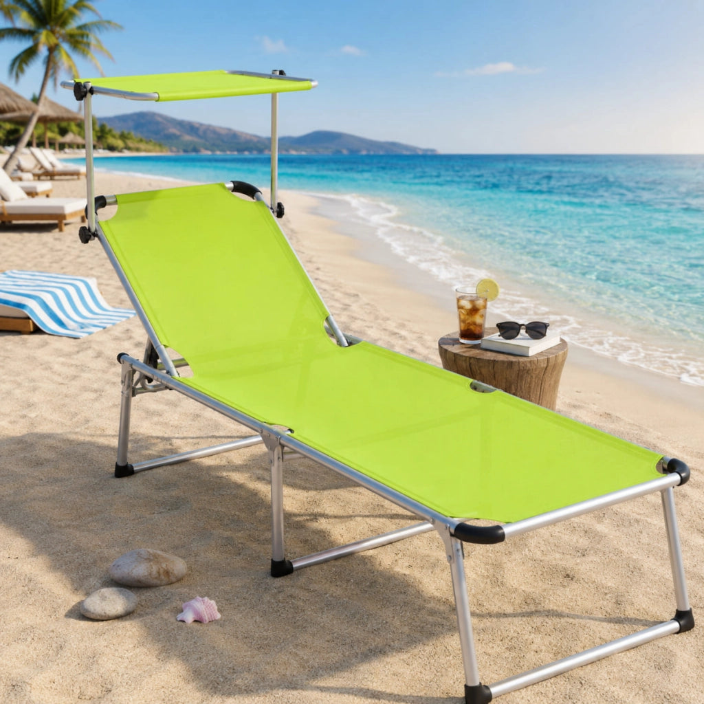 Sedia Sdraio Per Spiaggia Mare Giardino Piscina Lettino Pieghevole Prendisole Con Tettuccio Parasole Schienale Reclinabile Regolabile In 6 Posizioni Struttura In Alluminio 187 X 59 X 29 Cm Verde Fluo