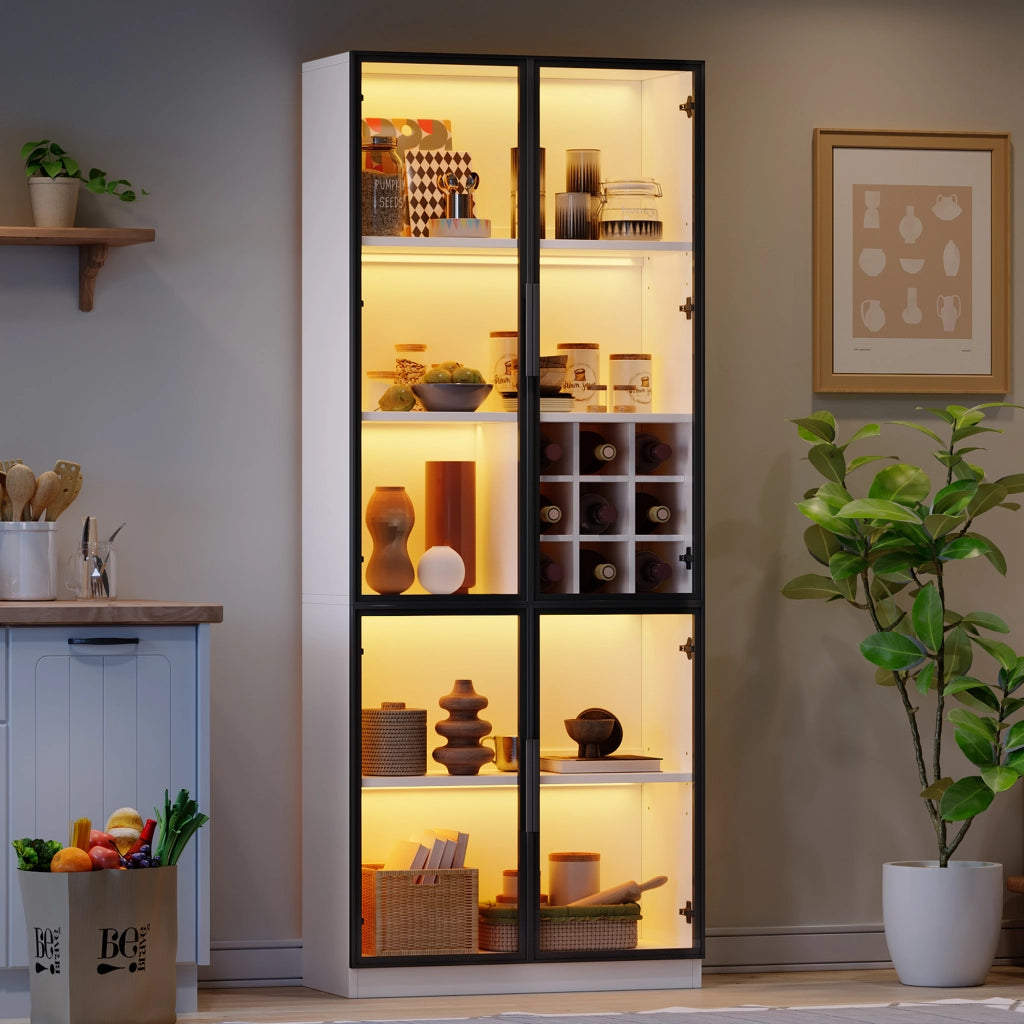 Vetrina con LED e portabottiglie con 2 ante in vetro per soggiorno o cucina in truciolare bianco 80 × 35 × 200 cm