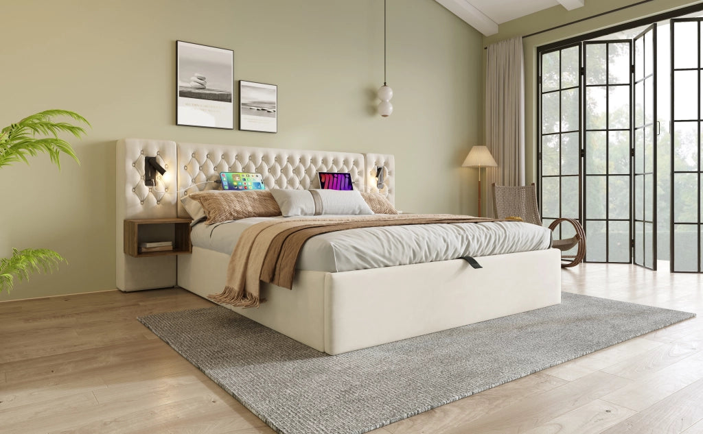 Letto contenitore matrimoniale 180 × 200 cm con 2 comodini, usb, usb-c e lampade da lettura, senza materasso