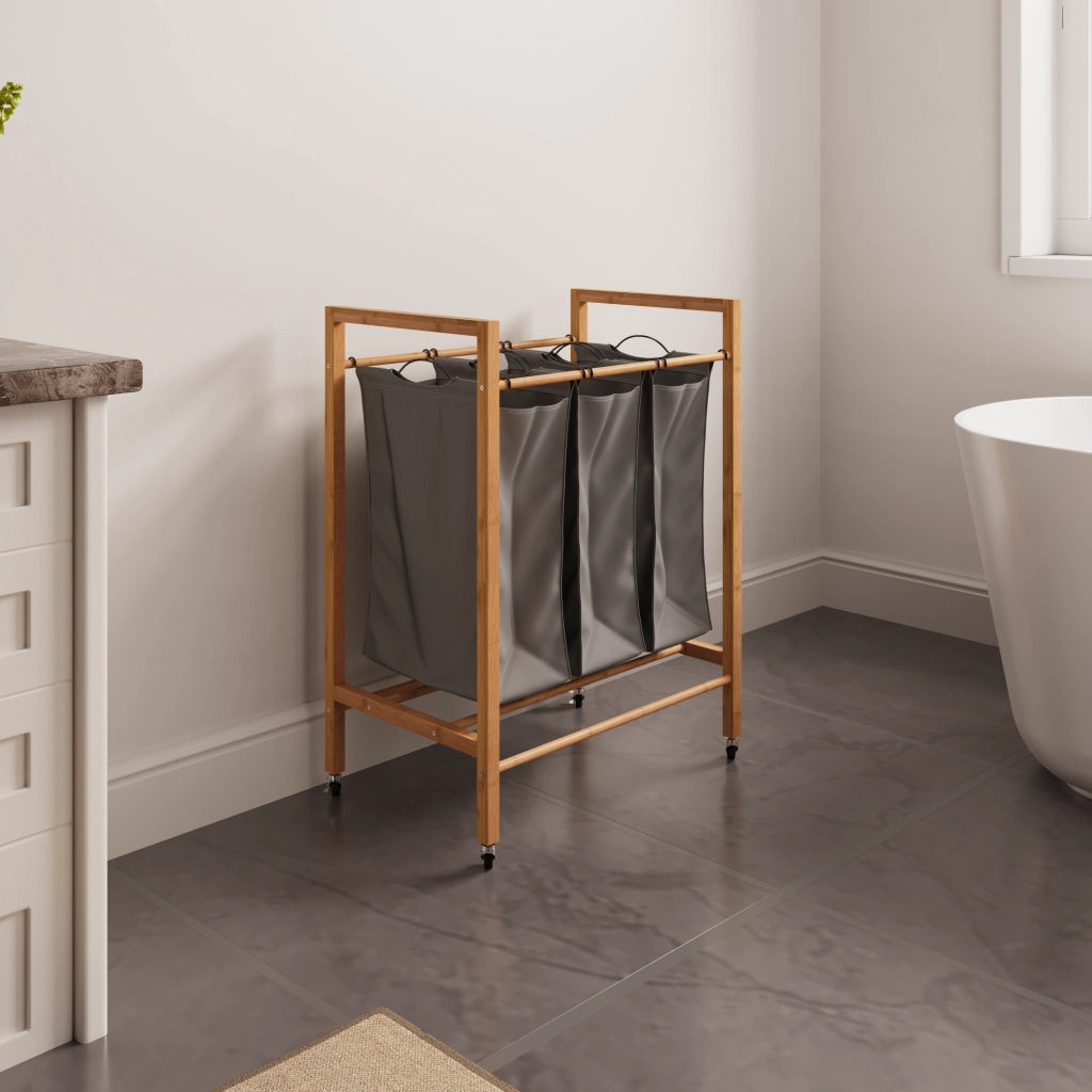 Cesto portabiancheria in bambù con 3 scomparti, 90 L, con ruote, sacco removibile, colore Carbone/Naturale
