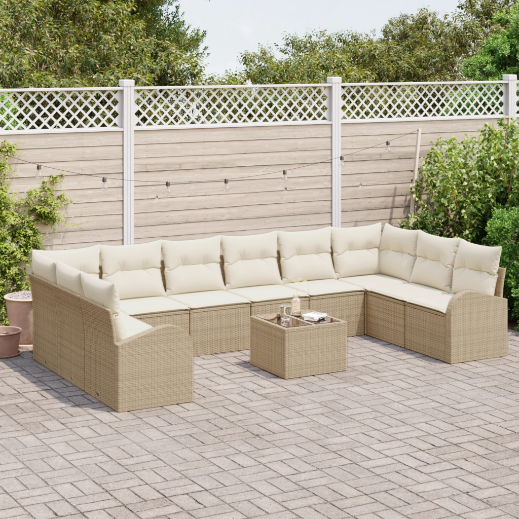 Set divani da giardino  con cuscini in rattan poliestere beige da 11 pezzi