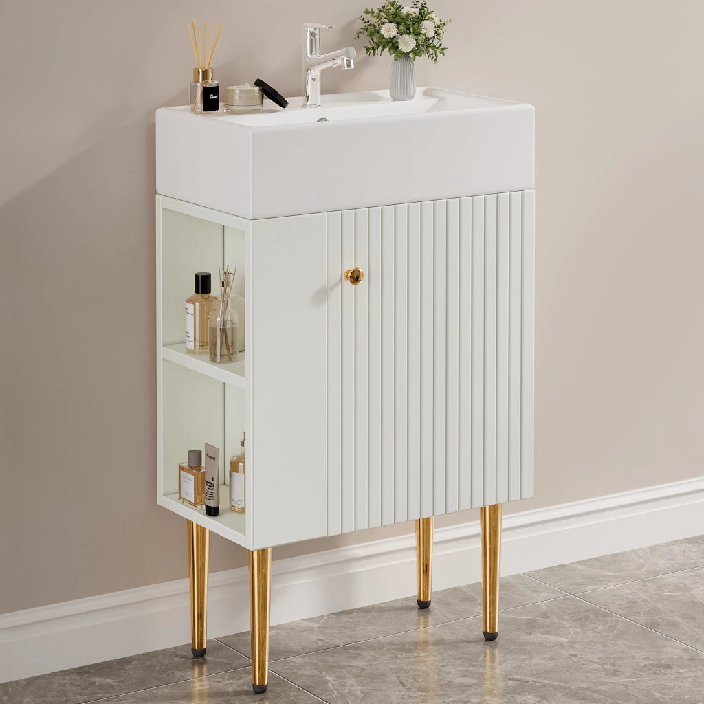 Mobile sottolavabo con lavabo in ceramica e ripiani laterali, per bagni piccoli, bianco, 68,5 × 52,6 × 32,28 cm