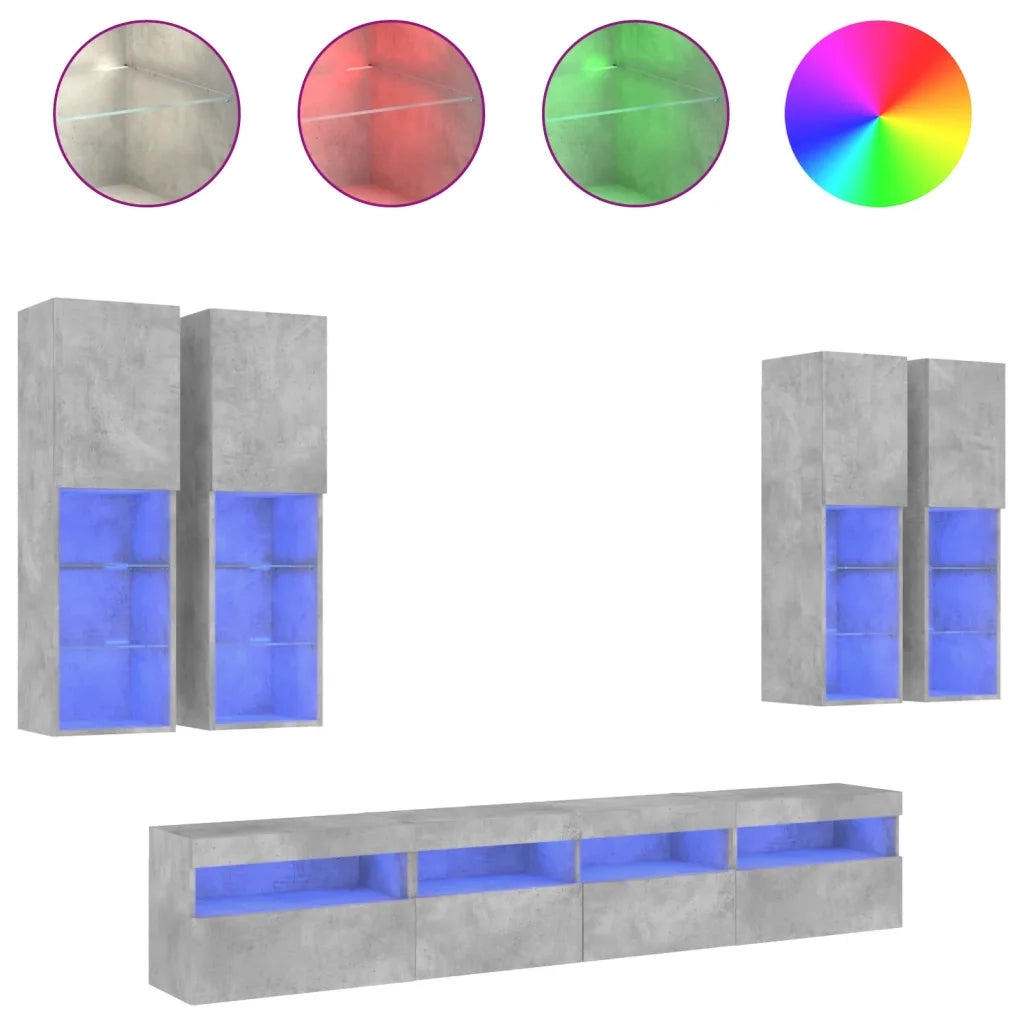 Set Mobili TV a Muro 7 pz con Luci LED Grigio Cemento