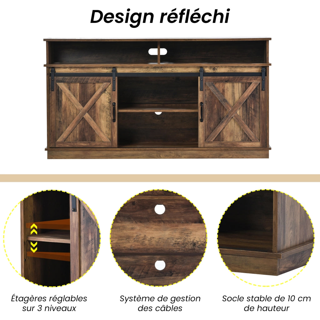 Mobile Porta TV con 2 Ante Scorrevoli e 2 Vani Aperti; Ripiani Regolabili; Stile Country; in Pannello Truciolare; Marrone; 148¡Á40¡Á78 cm