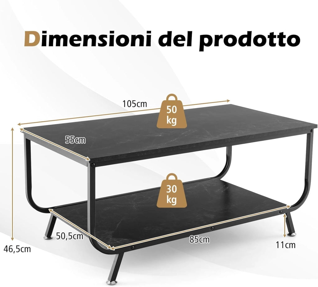 Tavolino da Caffè da Divano, Tavolino Rettangolare con Piano in Marmo Sintetico a 2 Livelli e Struttura in Metallo, Ripiano di Stoccaggio, Tavolino per Salotto, Ufficio e Studio (Nero)