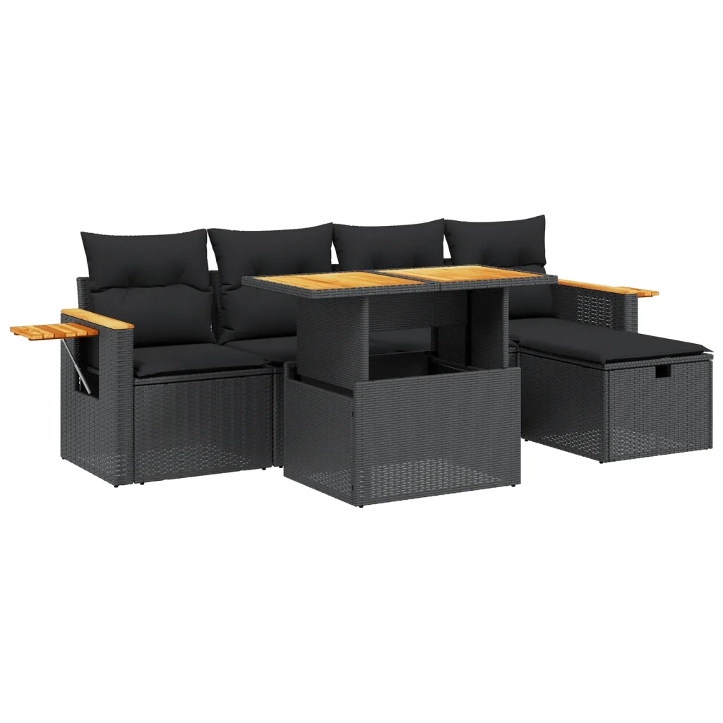 Set Divano da Giardino 6 pz con Cuscini Nero in Polyrattan