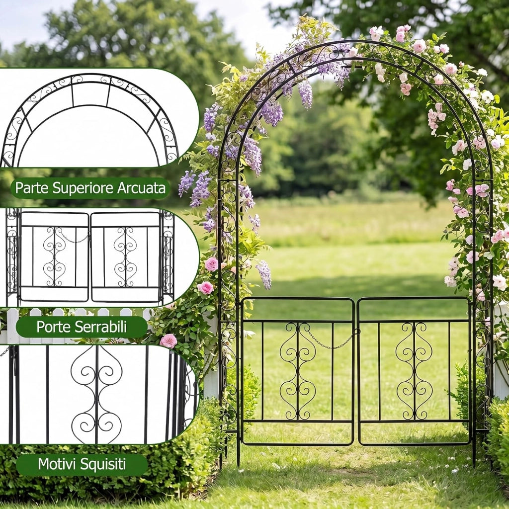 Arco da Giardino con Cancello, Pergolato per Piante Rampicanti | Pergola Decorativa in Metallo con Piedini a Punta e Chiusura, per Rose, Viti e Fiori da Matrimoni e Feste, 135x60x213 cm