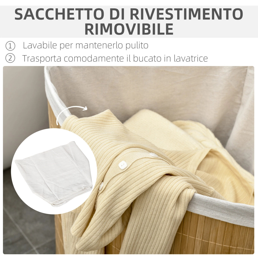 Cesto Portabiancheria con Coperchio Triangolare in Bamb¨´ e Tessuto. 38x38x57cm. Colore Legno