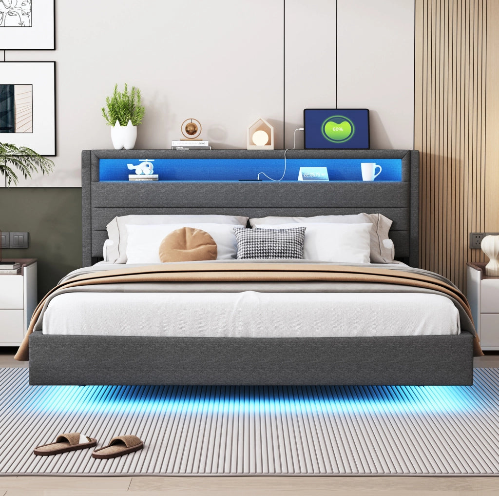 Letto imbottito 160x200 cm con USB e luci LED; tessuto effetto lino grigio (Senza materasso)