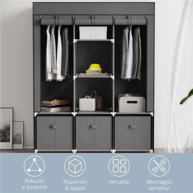 ARMADIO IN TESSUTO PIEGHEVOLE CON CASSETTI E ANTE AVVOLGIBILI CON ZIP, 125X43X162.5CM, GRIGIO SCURO