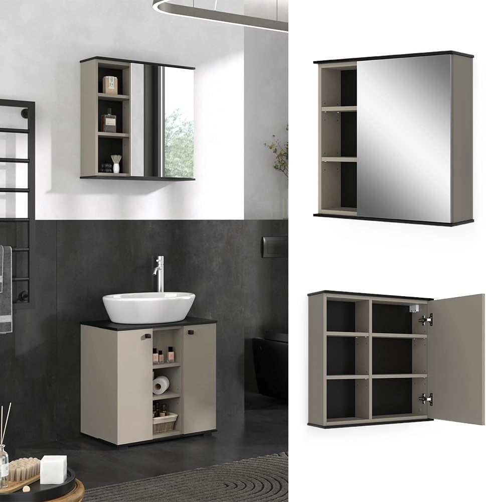 Mobile a specchio per il bagno Joli, Grigio, 60 x 60 cm con specchio, adatto al montaggio a parete per riporre accessori da bagno