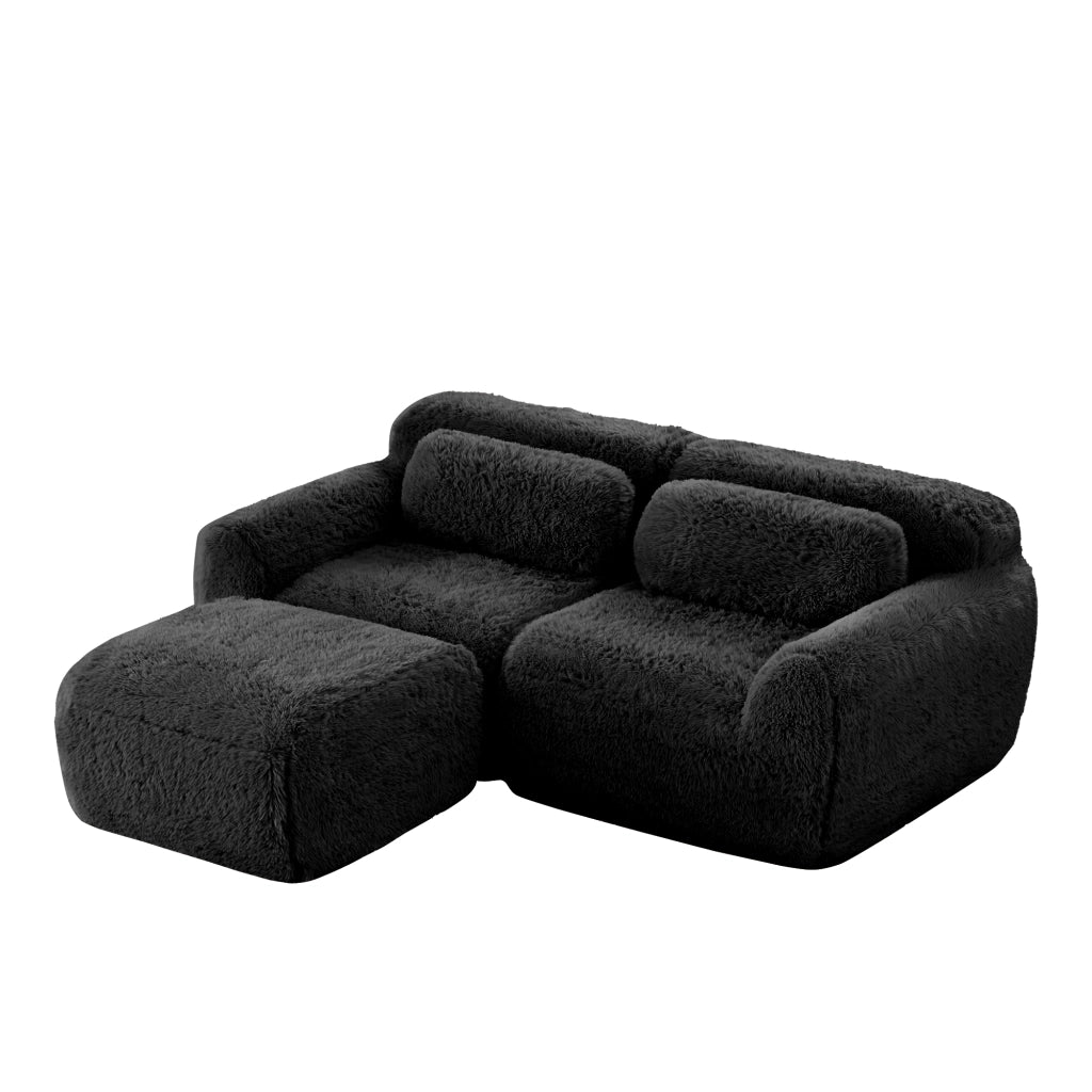 Divano Angolare Modulare 2 Posti con Design Senza Struttura, Cuscini e Base Antiscivolo, in Peluche Nero
