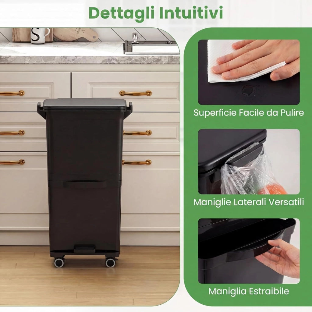 40L Pattumiera Differenziata a 3 Scomparti, Bidone per Spazzatura con Cestino Rimovibile e 4 Ruote, Secchio Rifiuti a Pedale per Cucina Sala da Pranzo Soggiorno (Nero)