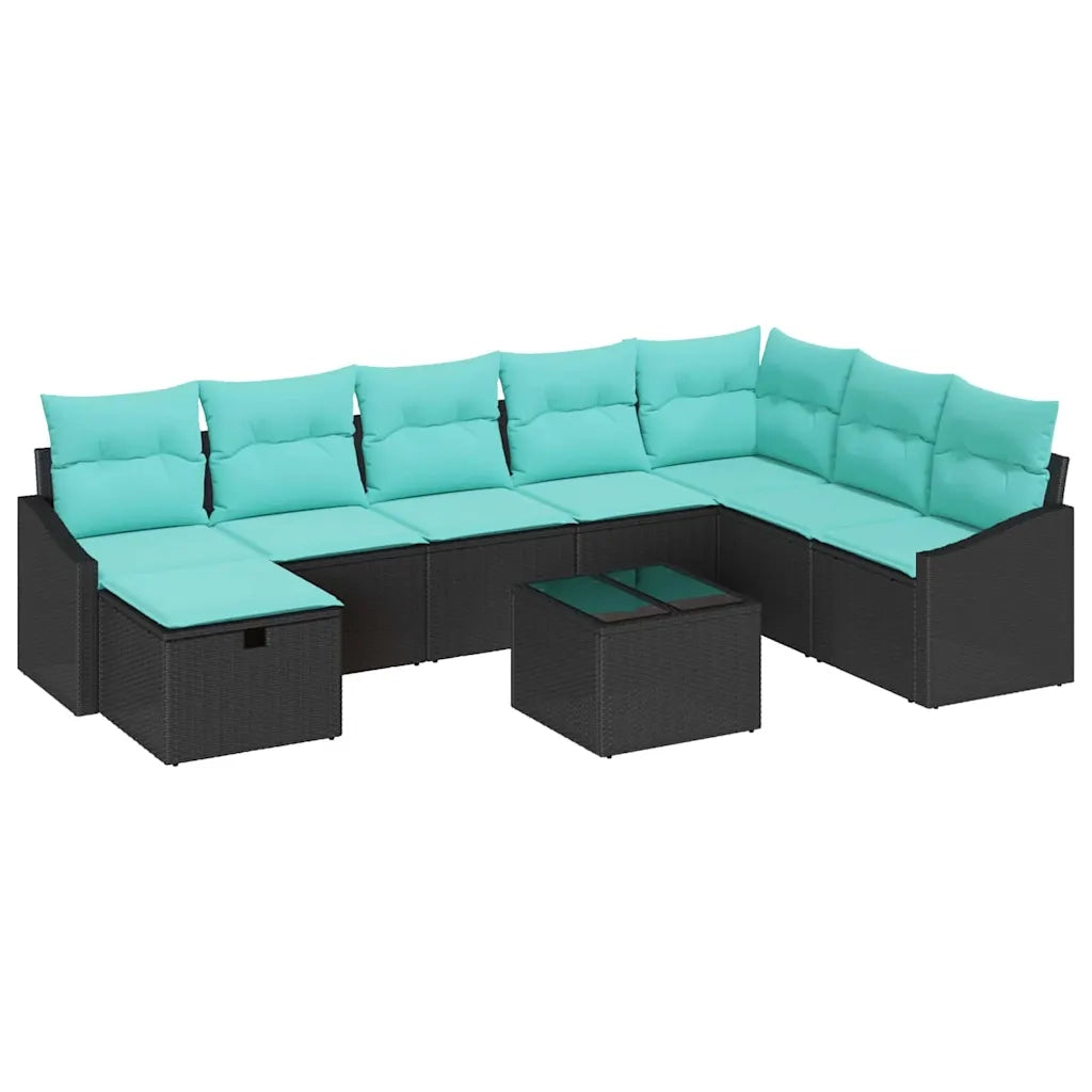 Set Divano da Giardino con cuscino 9 pcs Nero Poly Rattan