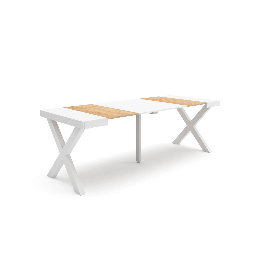 Consolle allungabile, 58 fino 222x90x73cm, Per 10 persone, Gambe in legno, colore Rovere e bianco RF2837