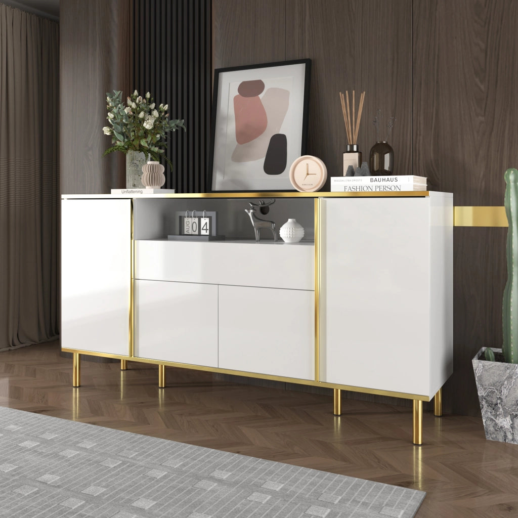 Credenza con 4 Ante e 1 Cassetto; LED; Finitura Lucida; Stile Moderno; per Soggiorno; in MDF; 150??40??80 cm; Bianco