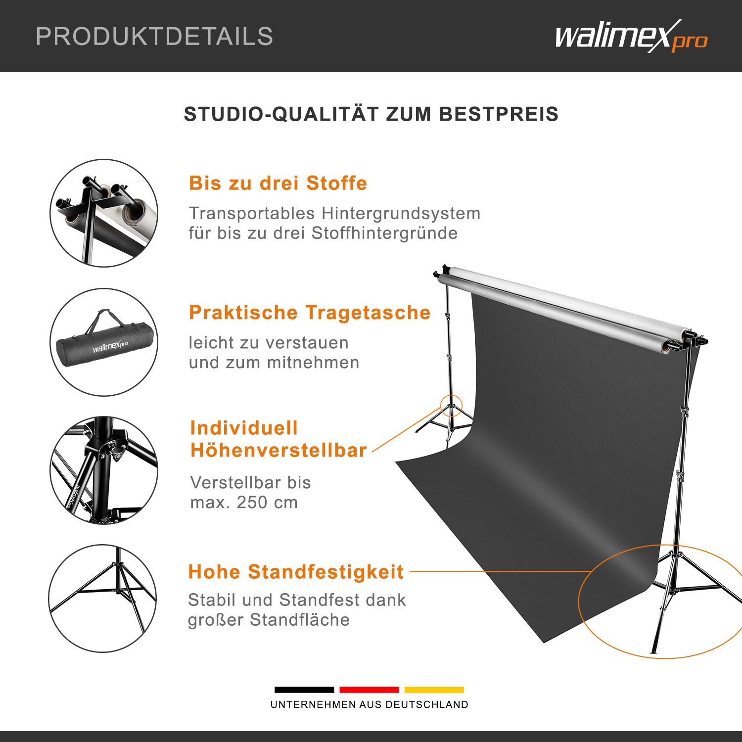 Sistema di sfondi 3x largo 145-290 cm, supporto per fino a 3 tele in carta e tessuto, fondale fotografico fino a 250 cm di altezza per fotografia, video e green screen