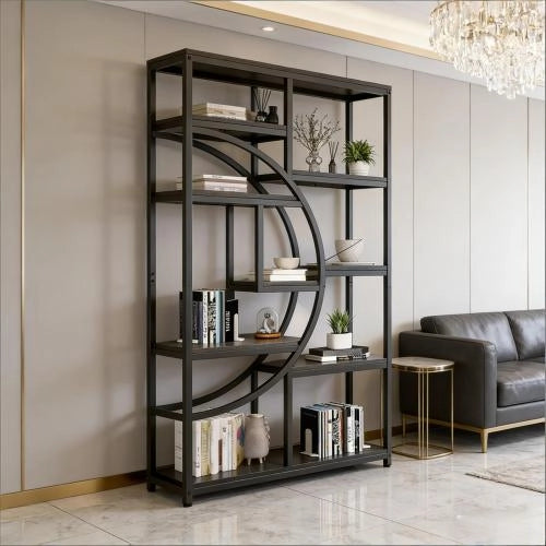 Libreria geometrica autoportante con 9 ripiani, struttura in metallo nero e legno, design moderno