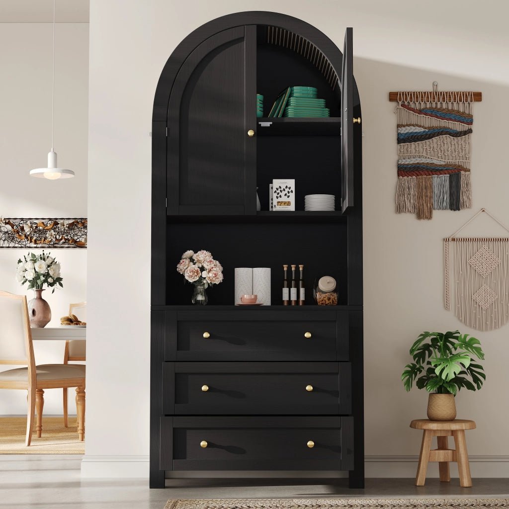 Armadio Alto con 2 Ante e 3 Cassetti; Vano Aperto; Design ad Arco; in MDF; Nero; 70??35??180 cm