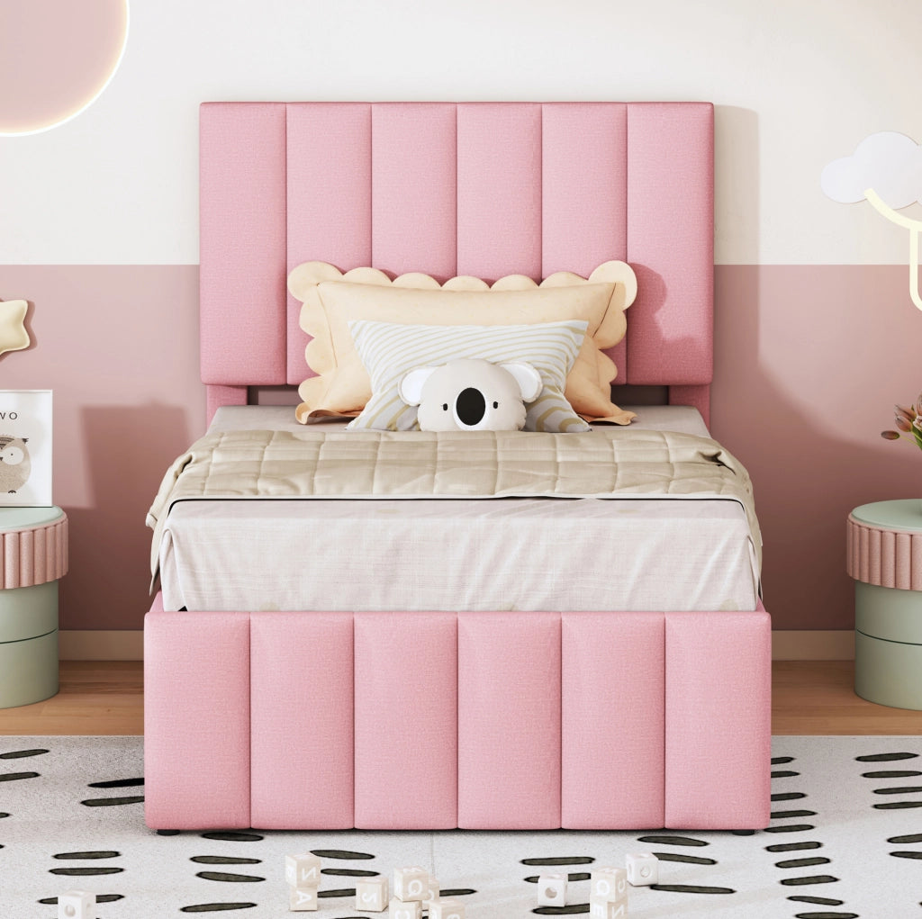 Letto imbottito con letto estraibile e 3 cassetti; 90x200 cm; rosa