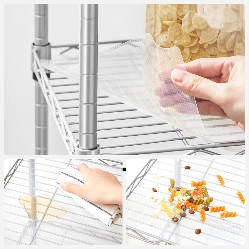 SONGMICS Scaffale Portaoggetti di Metallo a 6 Livelli Regolabili in Rete, con Pannelli PP, 8 Ganci a S, per Garage, Cucina, Soggiorno, Salvaspazio, Max Carico 120 kg, Argento LGR116E01