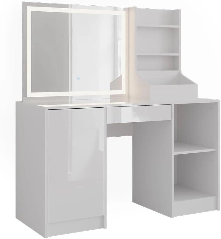 Tavolo da toeletta Sherry, Bianco/bianco lucido, 128.2 cm con specchio LED, con piano d'appoggio laterale e sgabello regolabile in altezza