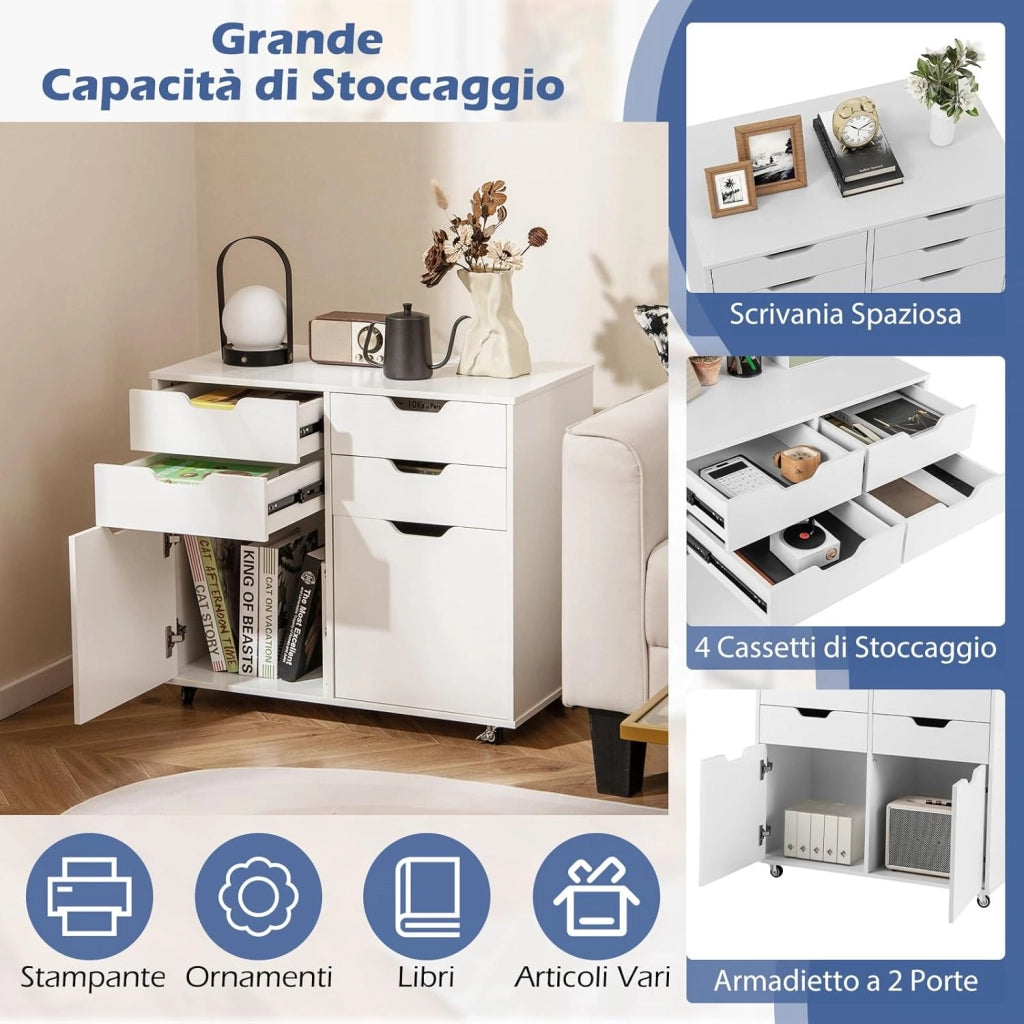 Cassettiera da Ufficio con 4 Cassetti e 2 Ante, Armadietto da Studio in Legno con 5 Ruote Universali, Mobile Porta Stampante Salvaspazio, per Soggiorno, 73 x 40 x 64,5 cm, Bianco (Bianco)