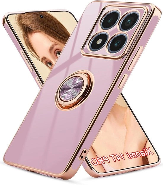 Custodia smartphone con anello e piedistallo - Finitura luccicante - Blu/ Oro - Adatto per Xiaomi 14T Pro