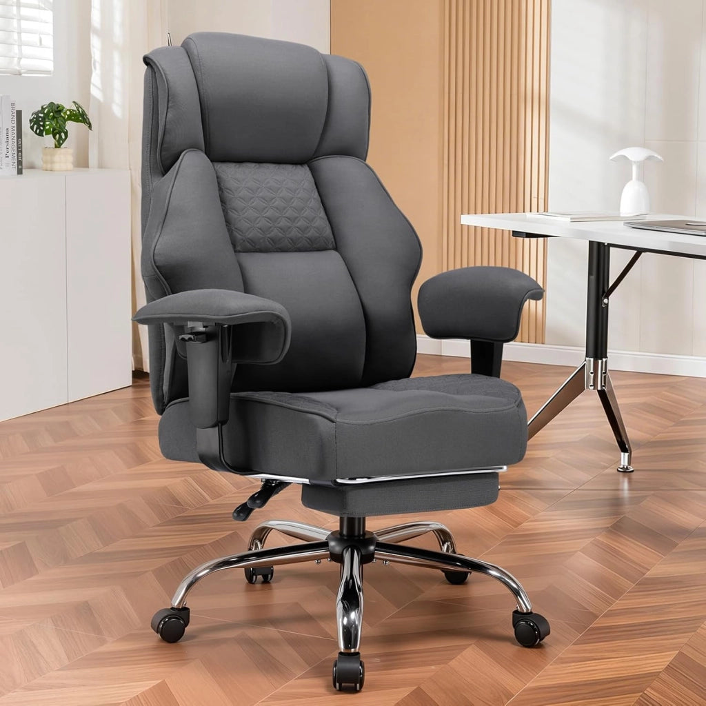Sedia da gaming, ampia sedia da ufficio in tessuto di alta qualità, ergonomica, sedia da scrivania regolabile e girevole con poggiapiedi, 180 kg, grigio