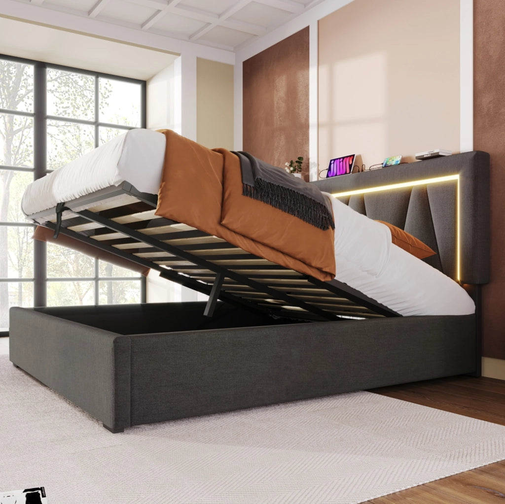 Letto matrimoniale 160x200 cm con contenitore; LED; USB e Type-C; testiera regolabile; lino grigio