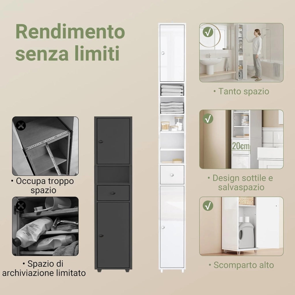 Bianco Lucido Mobile Bagno Salvaspazio Colonna Bagno - Mobiletto Bagno Stretto 20x20x180cm con 6 Ripiani Regolabili e Cassetto - Armadietto Bagno Alto per Piccoli Spazi BZR167-GW