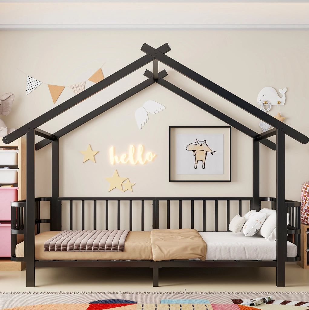 Letto per bambini in metallo a forma di casetta 90 x 200 cm con sponde di sicurezza; nero