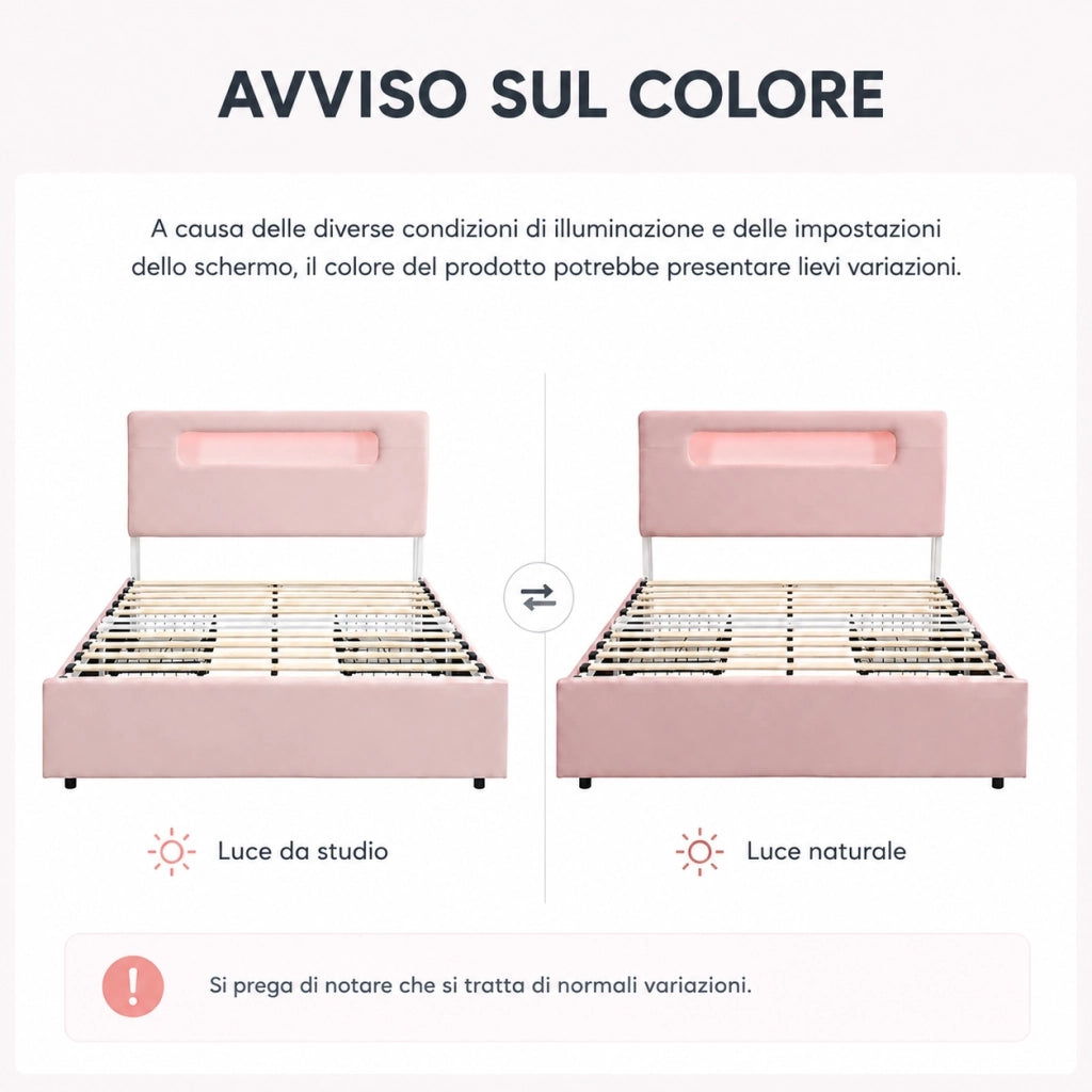 Letto imbottito rosa 140x200 cm con quattro cassetti laterali e LED; velluto