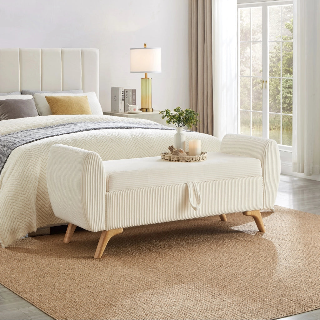 Panca contenitore pieghevole in velluto a coste con gambe in legno e vano interno, beige 145 × 51 × 57 cm