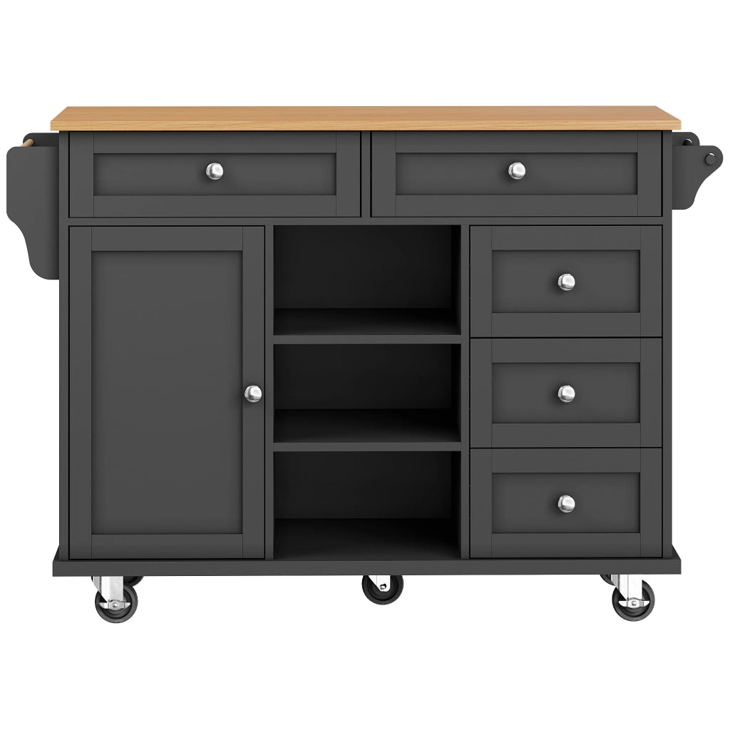 OKWISH Carrello da cucina con 5 cassetti, 1 armadietto, 2 vani, ripiano regolabile e ruote, per cucina, 134×46×92 cm