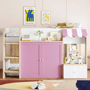Letto a soppalco a forma di casa 90x200 cm con scala e spazio contenitore; rosa e bianco