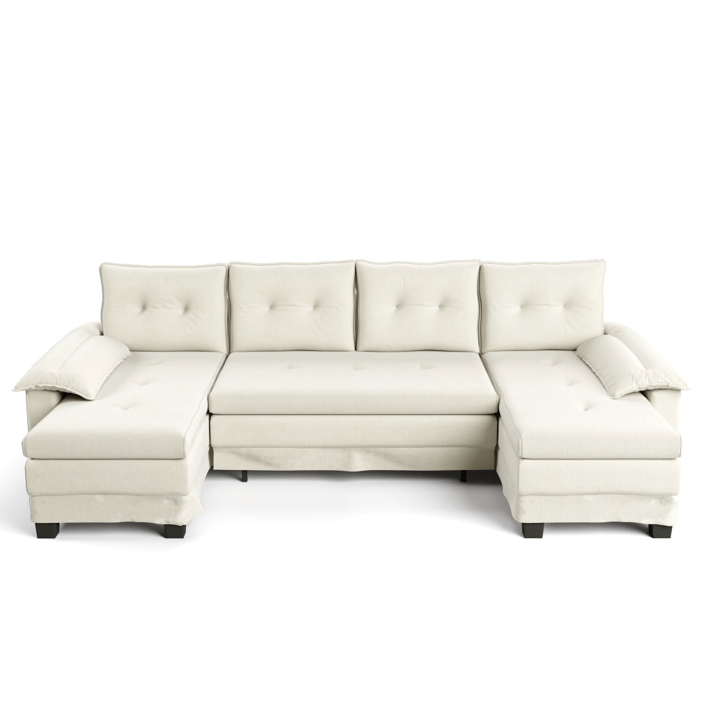 Divano panoramico a U modulare con letto estraibile, USB e cuscini removibili in ciniglia beige, 278 × 127 × 87 cm