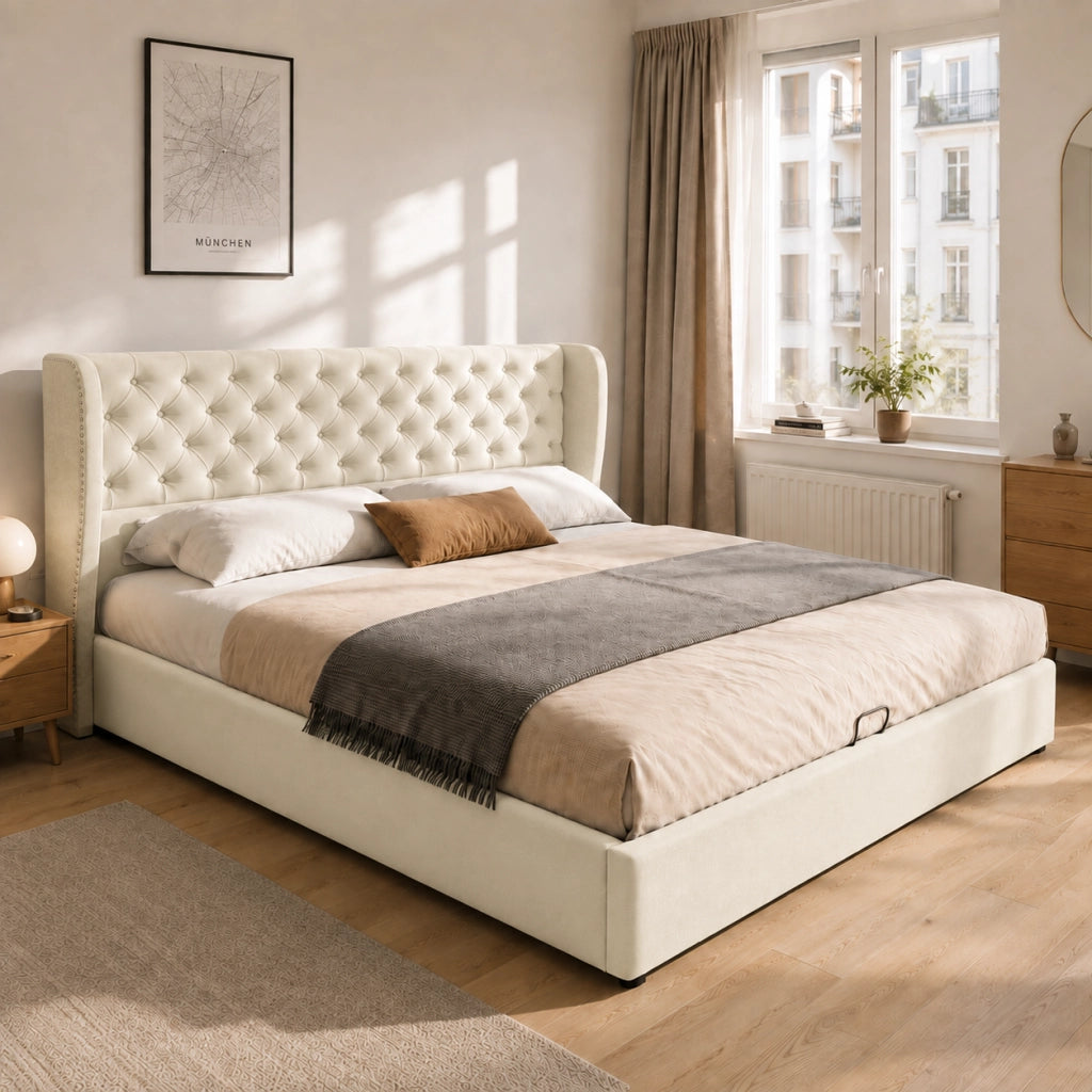 letto imbottito velluto beige 160 x 200 cm