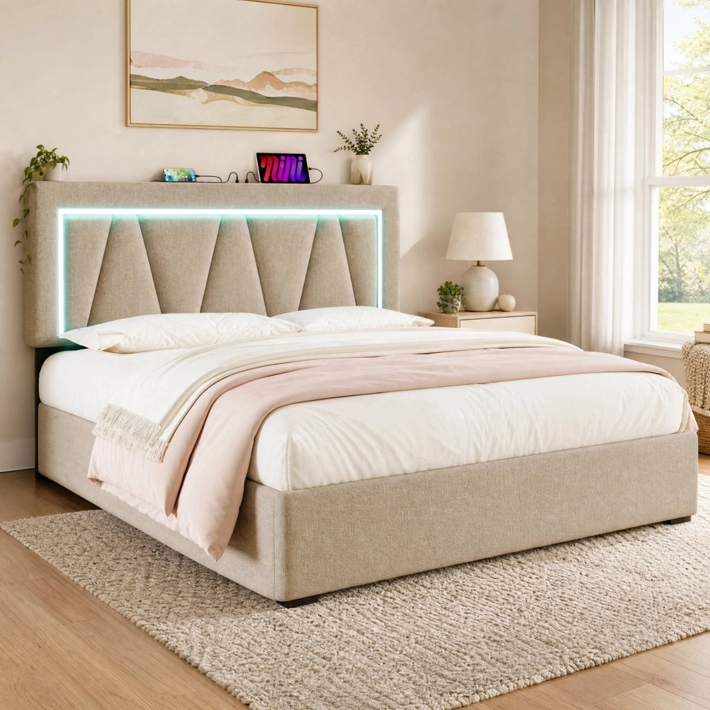 LETTO LED 160x200 cm in lino beige con materasso incluso