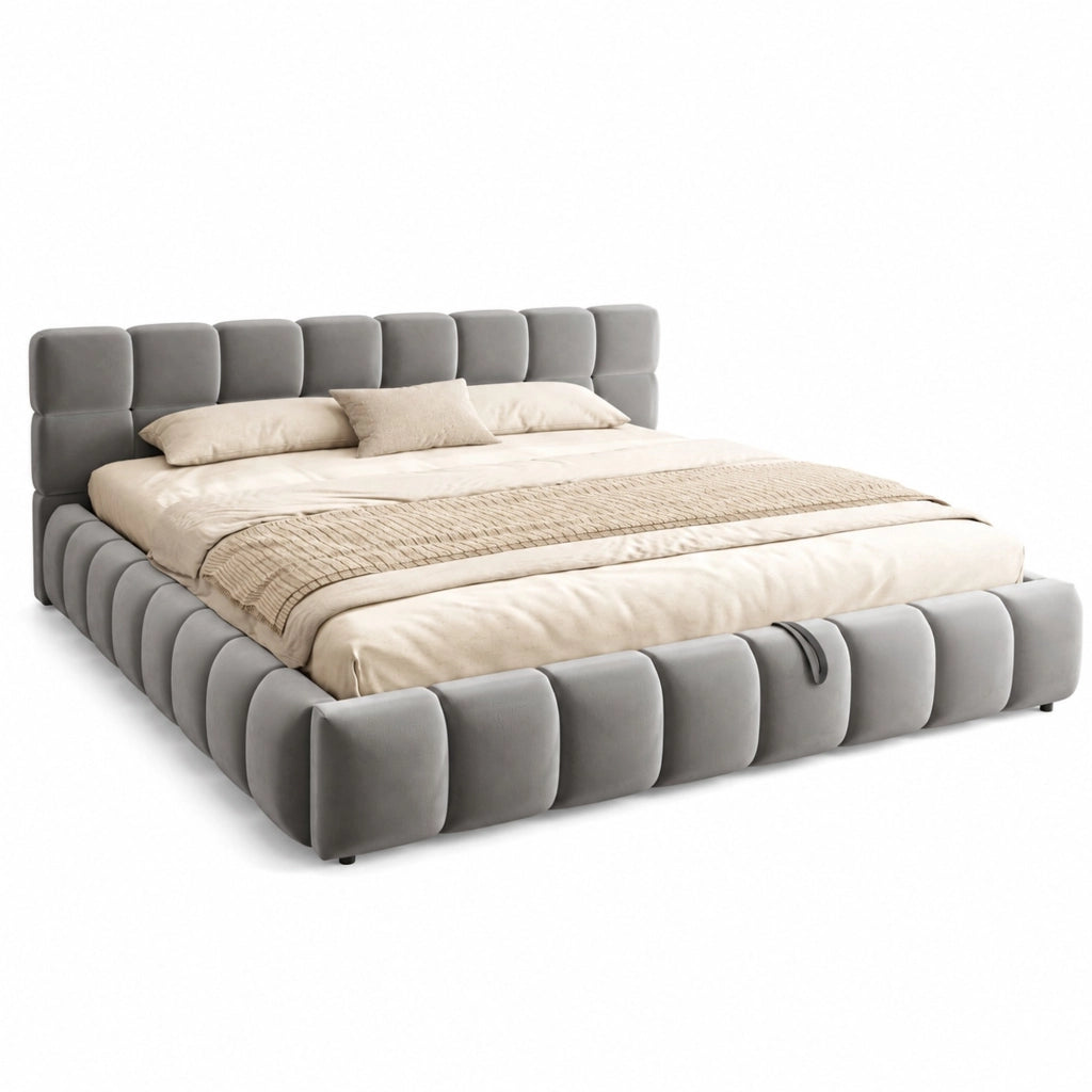 Letto imbottito 160x200 cm con contenitore idraulico; LED; velluto grigio