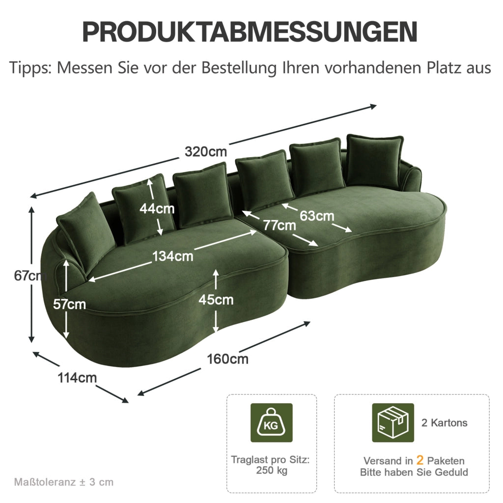 Divano modulare senza struttura in chenille verde 320x114x67 cm con seduta profonda e cuscini