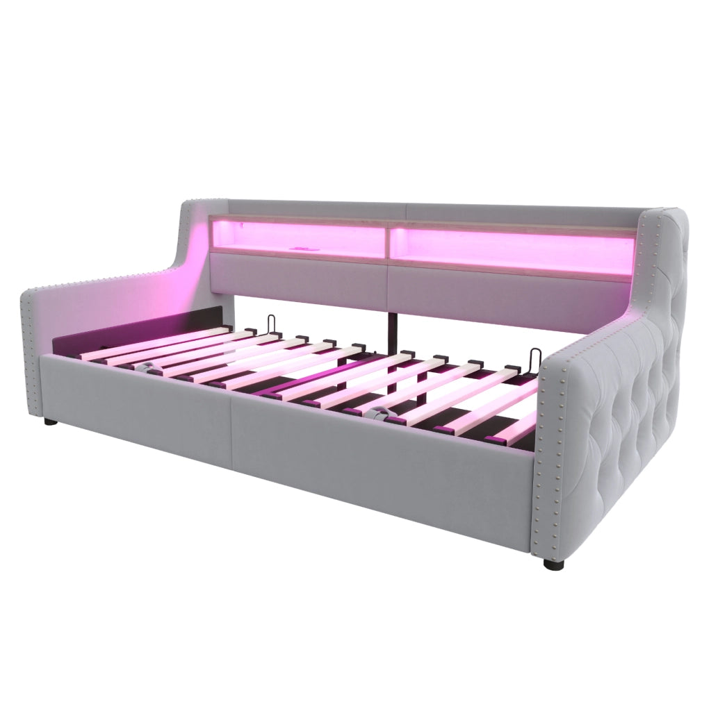 Divano letto 90 x 200 cm con contenitore, LED e prese integrate