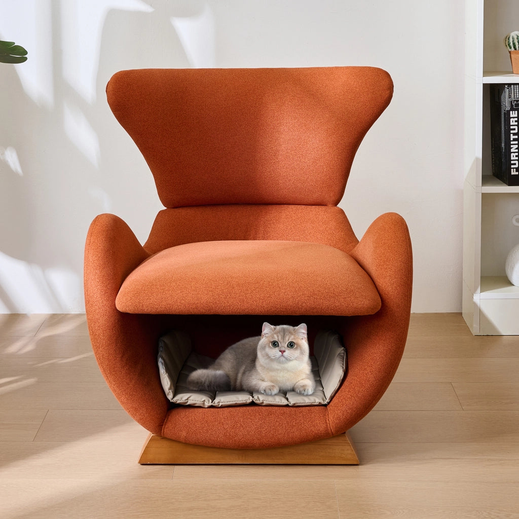 OKWISH Poltrona in Tessuto, con Nicchia Integrata per Gatto o Cane di Piccola Taglia, Seduta Imbottita e Piedi in Legno, Rosso Mattone