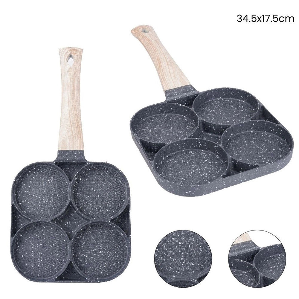 Trade Shop - Padella Antiaderente A 4 Fori Per Uova Pancake Manico In Legno Accessori Cucina 624386 -